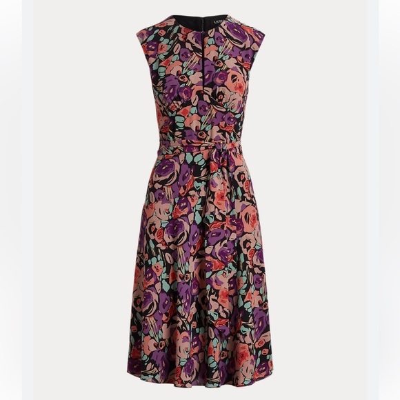 Lauren by Ralph Lauren Belted Crepe Floral Pattern Midi Dress Black Combo NWT 16 - Picture 11 of 14